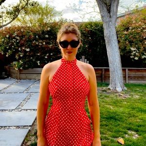Sofia Loren style va-va-boom red & white polka dot halter onesie, to die for!